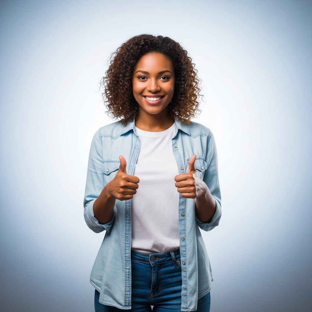 A cheerful young black pretty woman, smiling confidently and giving two thumbs up #3