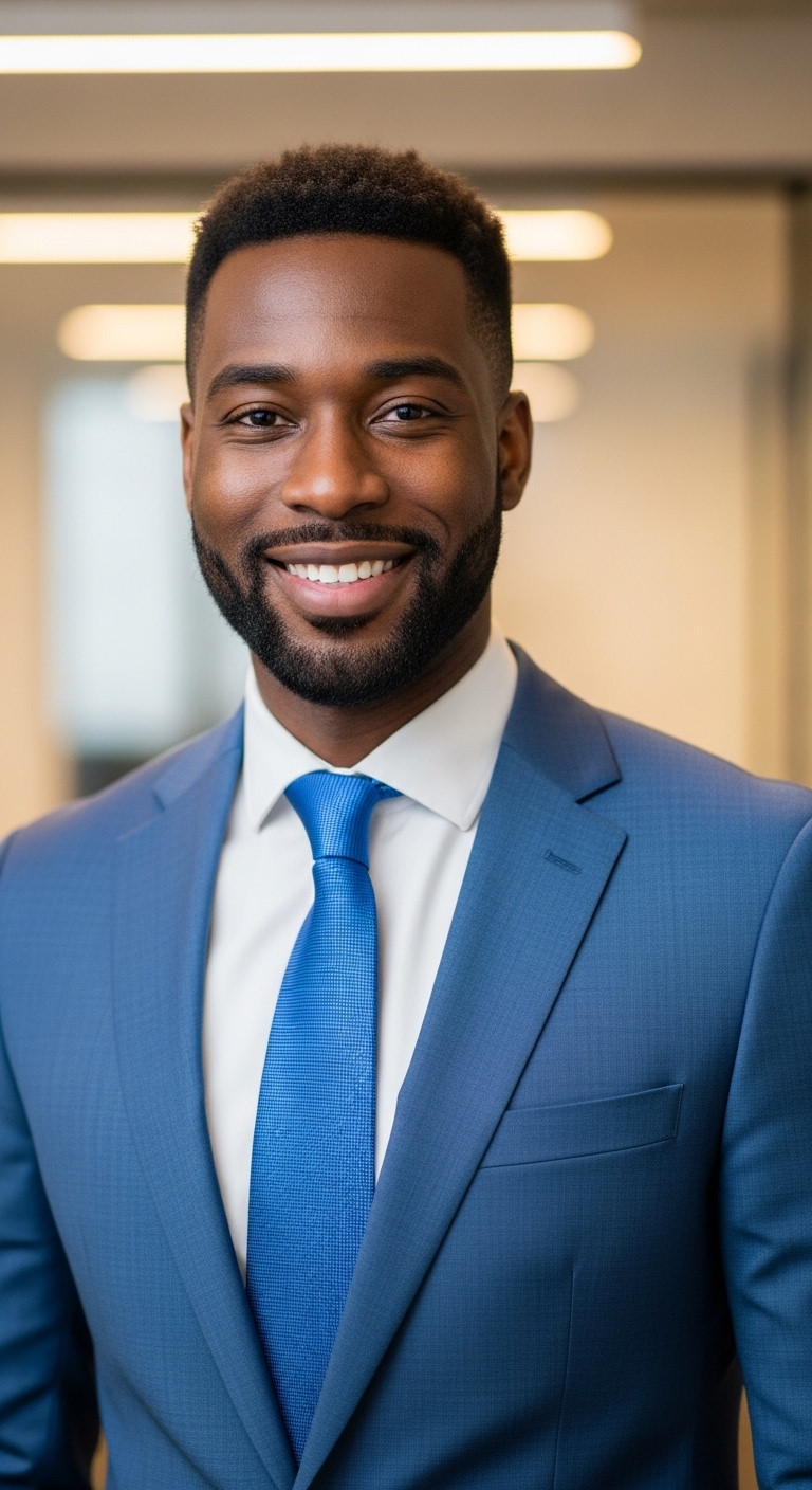 A black man dressed in blue professional attire and smiling #2