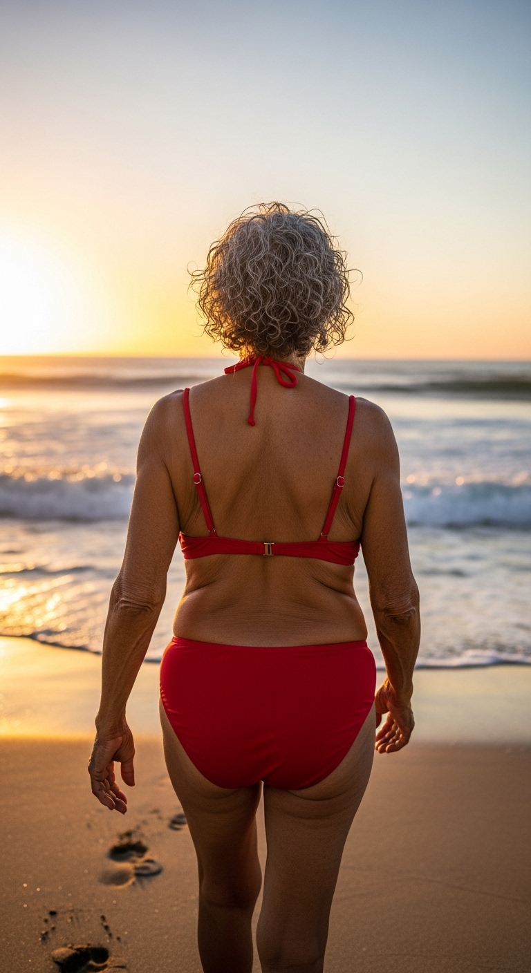 The back of an old black woman in a red bikini at the beach #4