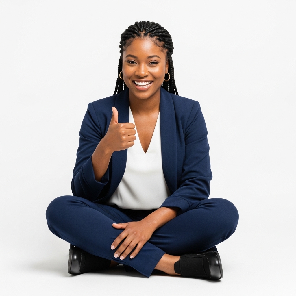 A black woman sitting cross-legged, smiling and giving thumbs up in a professional blue outfit #5