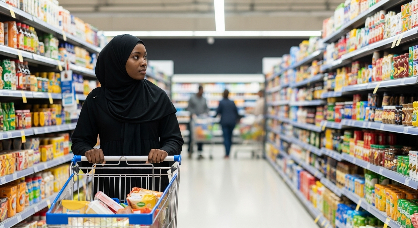 A black Muslim lady with a black hijab out shopping with a cart #3