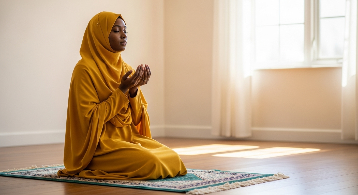 A black Muslim lady with a yellow hijab praying #1