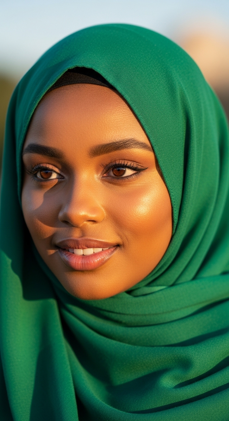 A black Muslim lady with a green hijab on her head #1