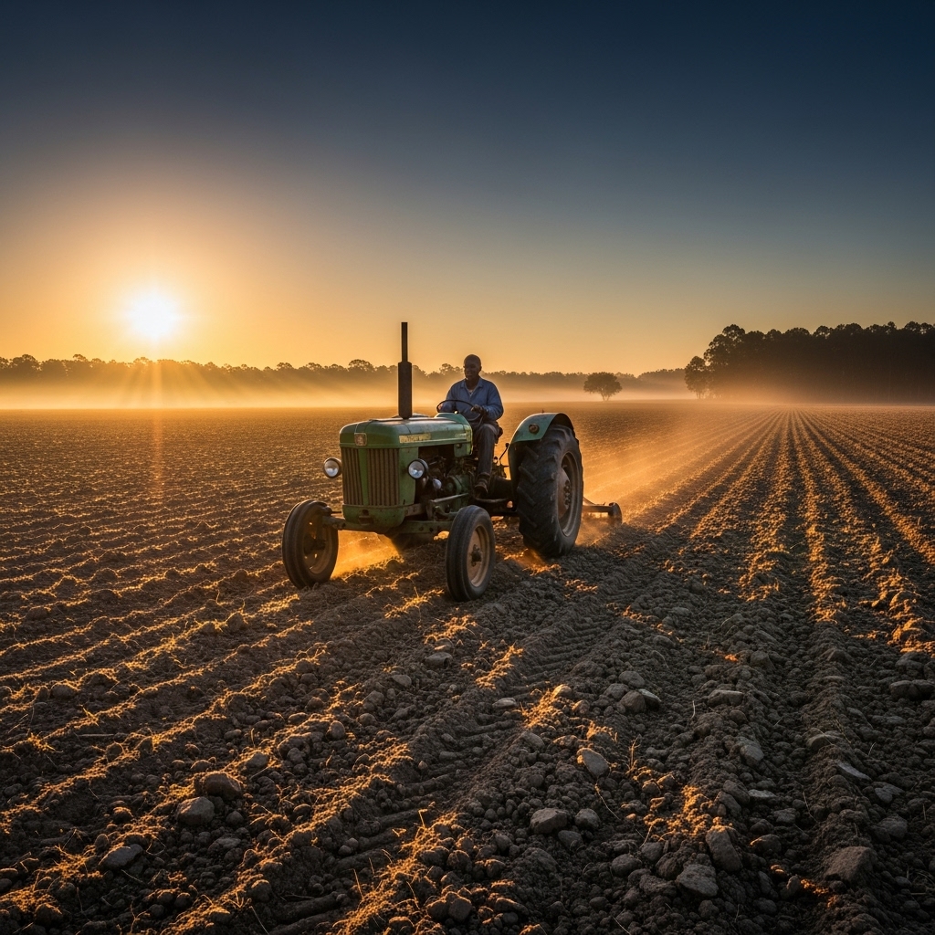 Black African farmer driving a tractor across a wide open farmland at sunrise. #1