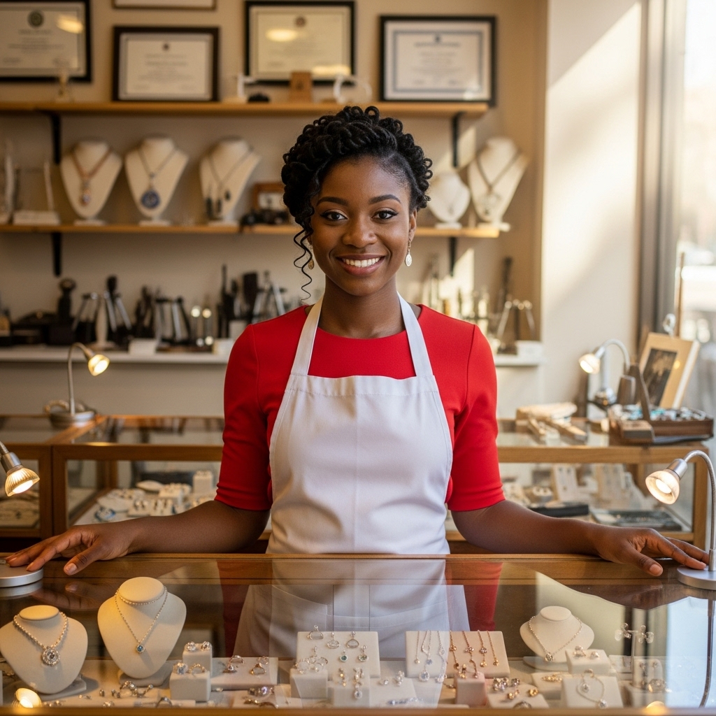A black young lady in red standing in her jewelry shop #4