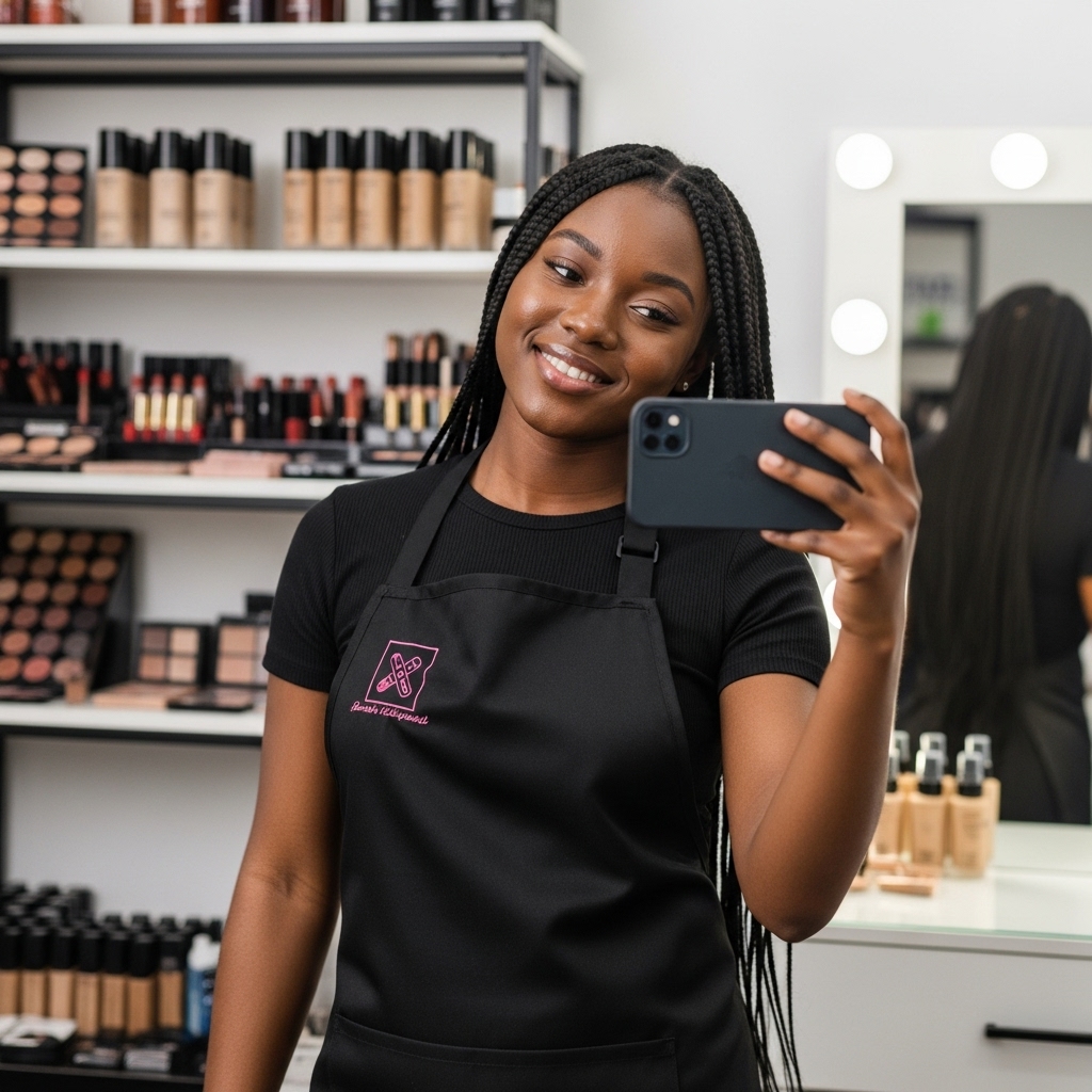 A black young lady holding a phone while standing in her make-up shop with an apron #2