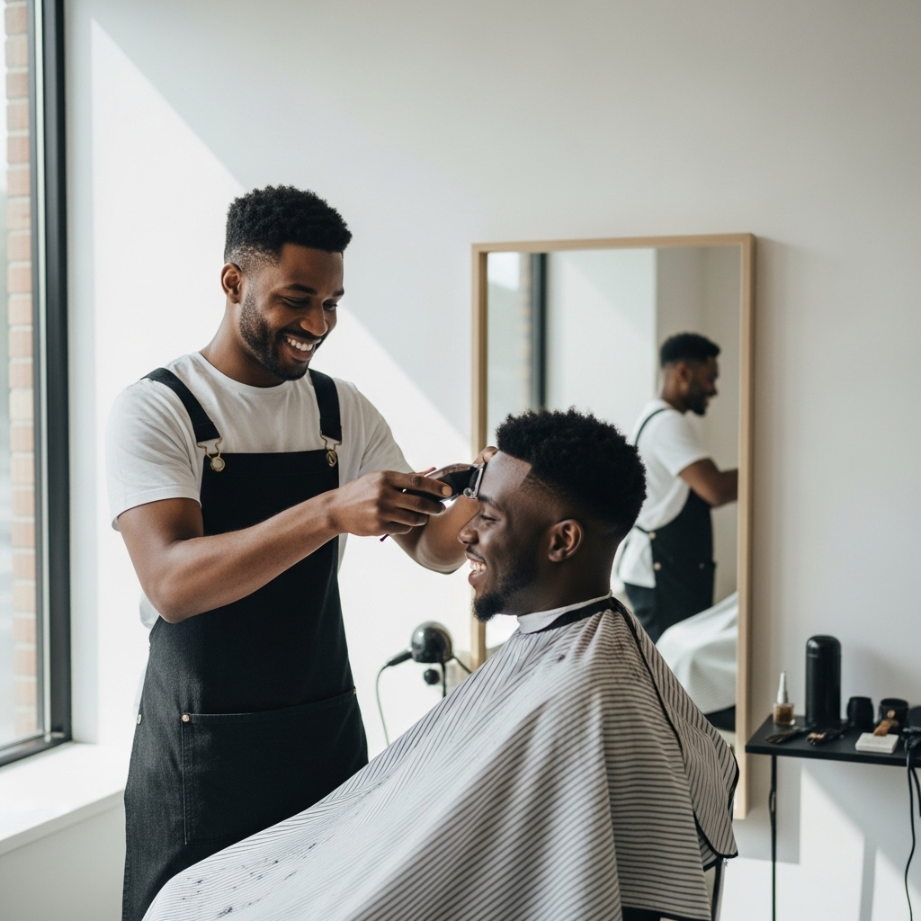 A confident African barber smiling while with his black client #1