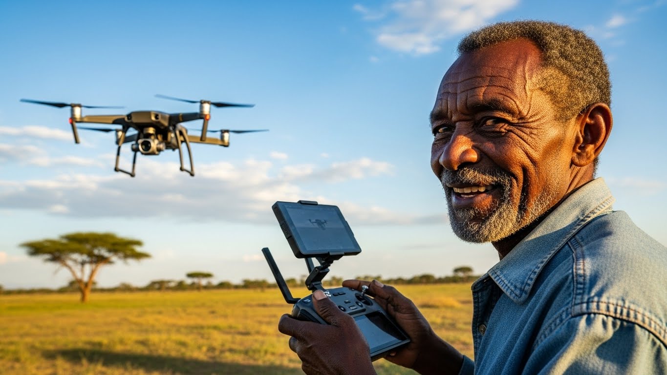 An old African man flying a drone and smiling #4