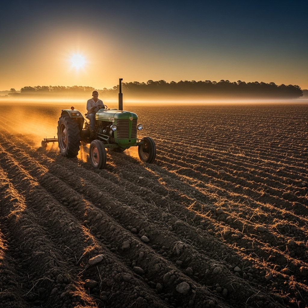 Black African farmer driving a tractor across a wide open farmland at sunrise. #2