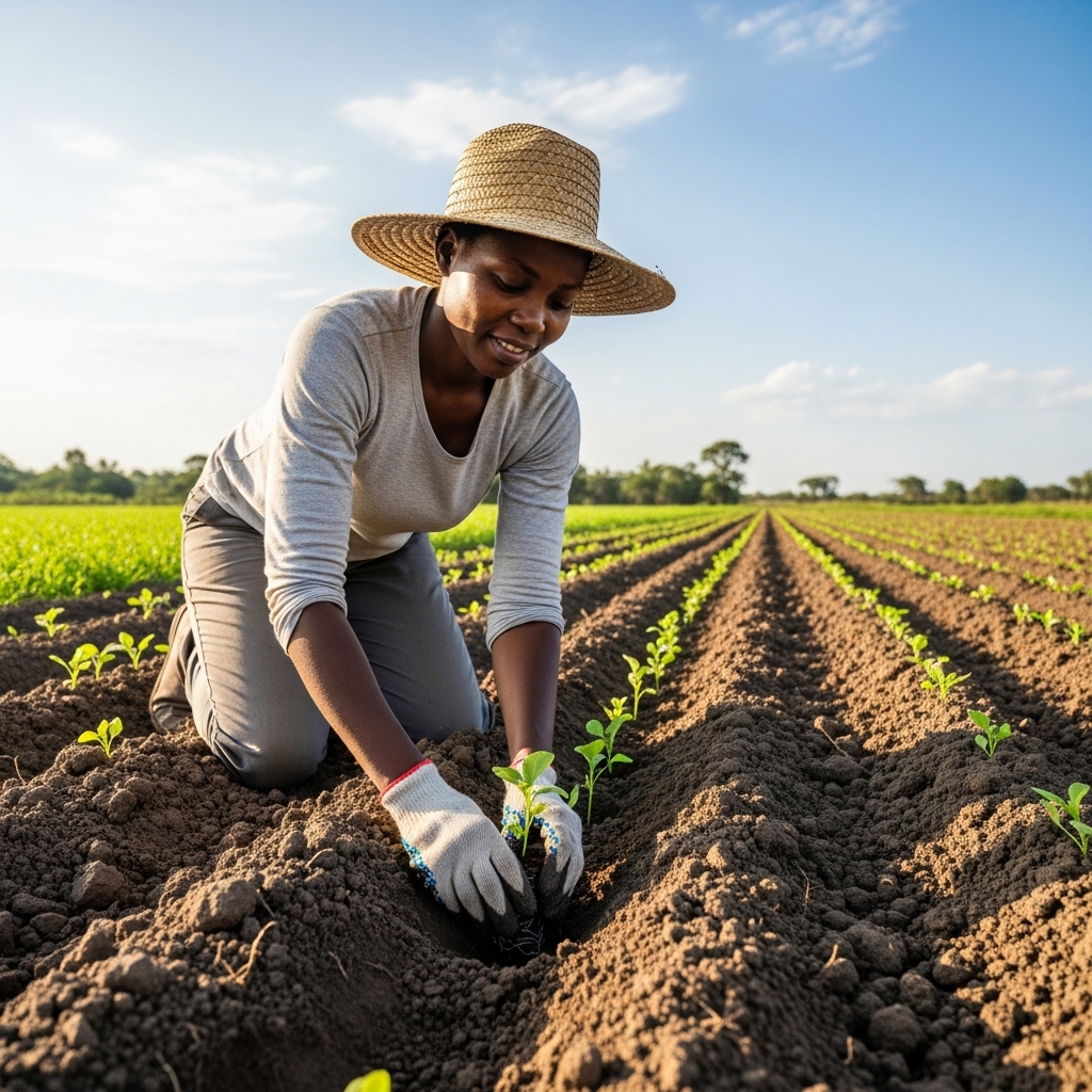 A Black African woman farmer planting seedlings in rich, dark soil #4