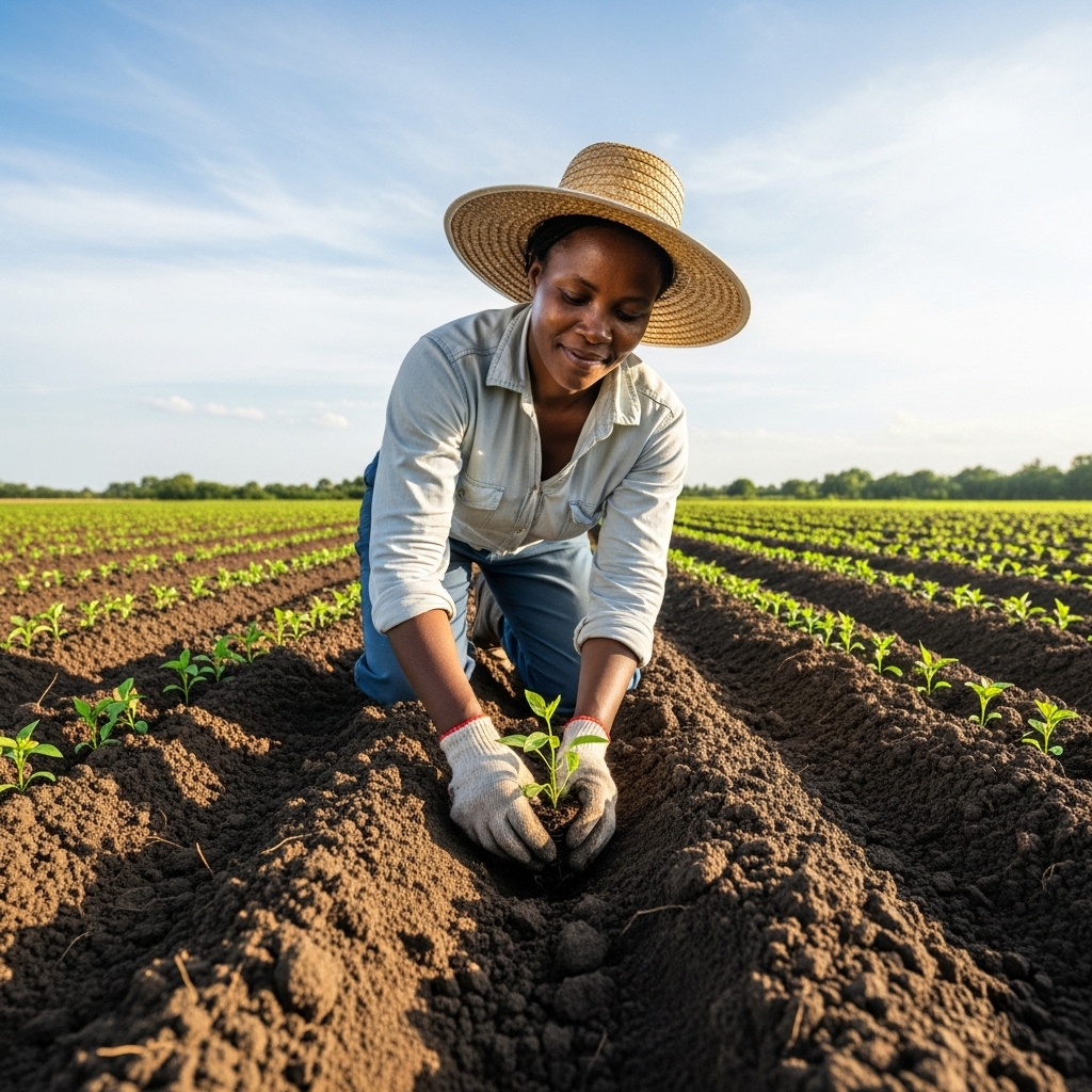 A Black African woman farmer planting seedlings in rich, dark soil #1