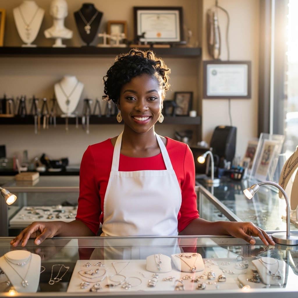A black young lady in red standing in her jewelry shop #1