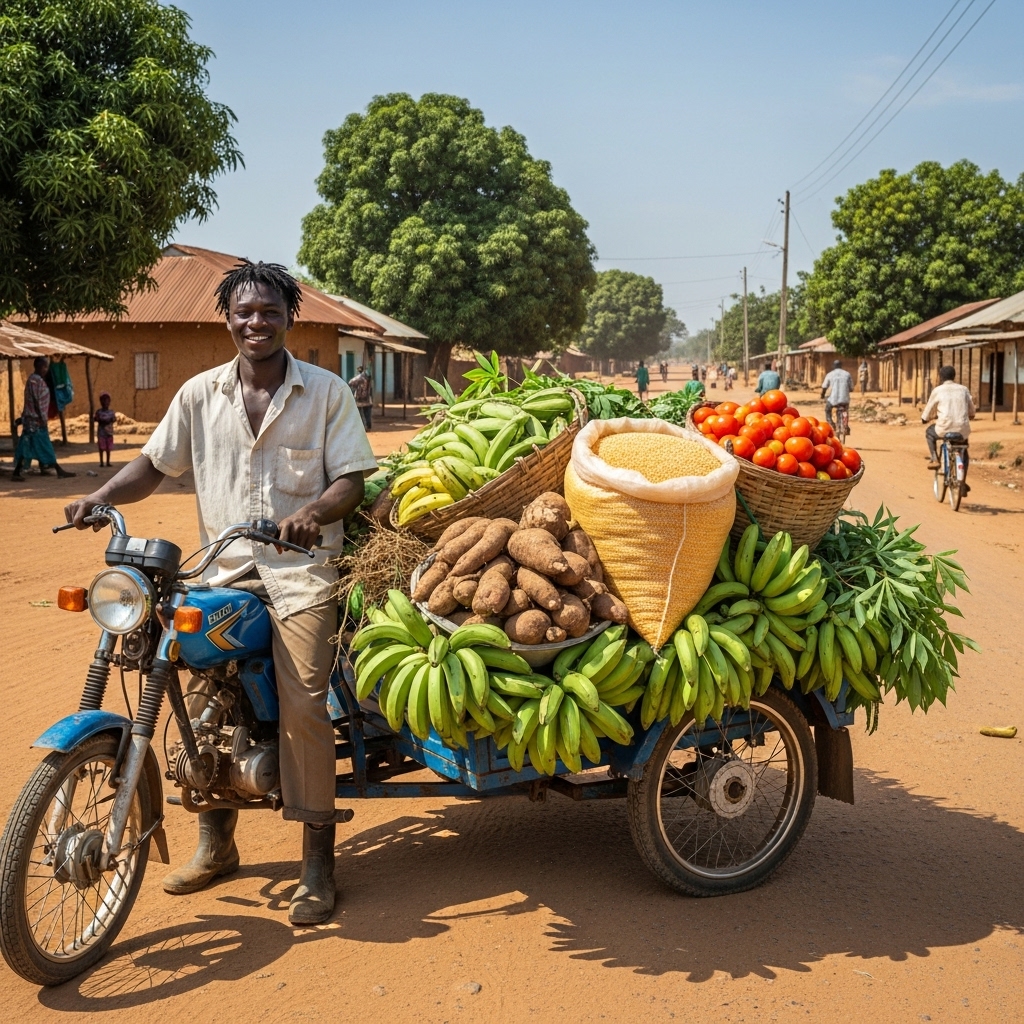 Young Black Ghanaian farmer standing beside a blue ‘aboboyaa’ tricycle loaded with harvested crops. #3