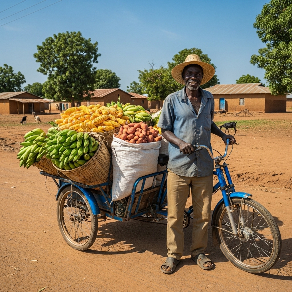 A Black Ghanaian farmer standing beside a blue ‘aboboyaa’ tricycle loaded with harvested crops. #1