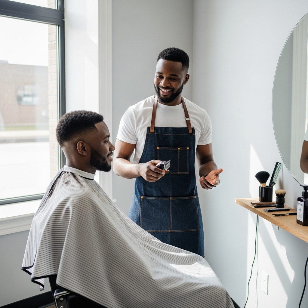 A confident African barber smiling while with his black client #3