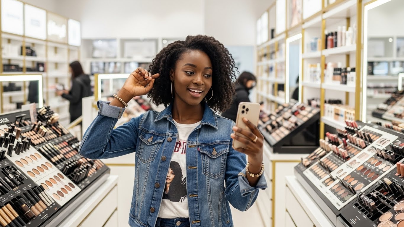 A black young lady holding a phone while standing in a make-up shop #3