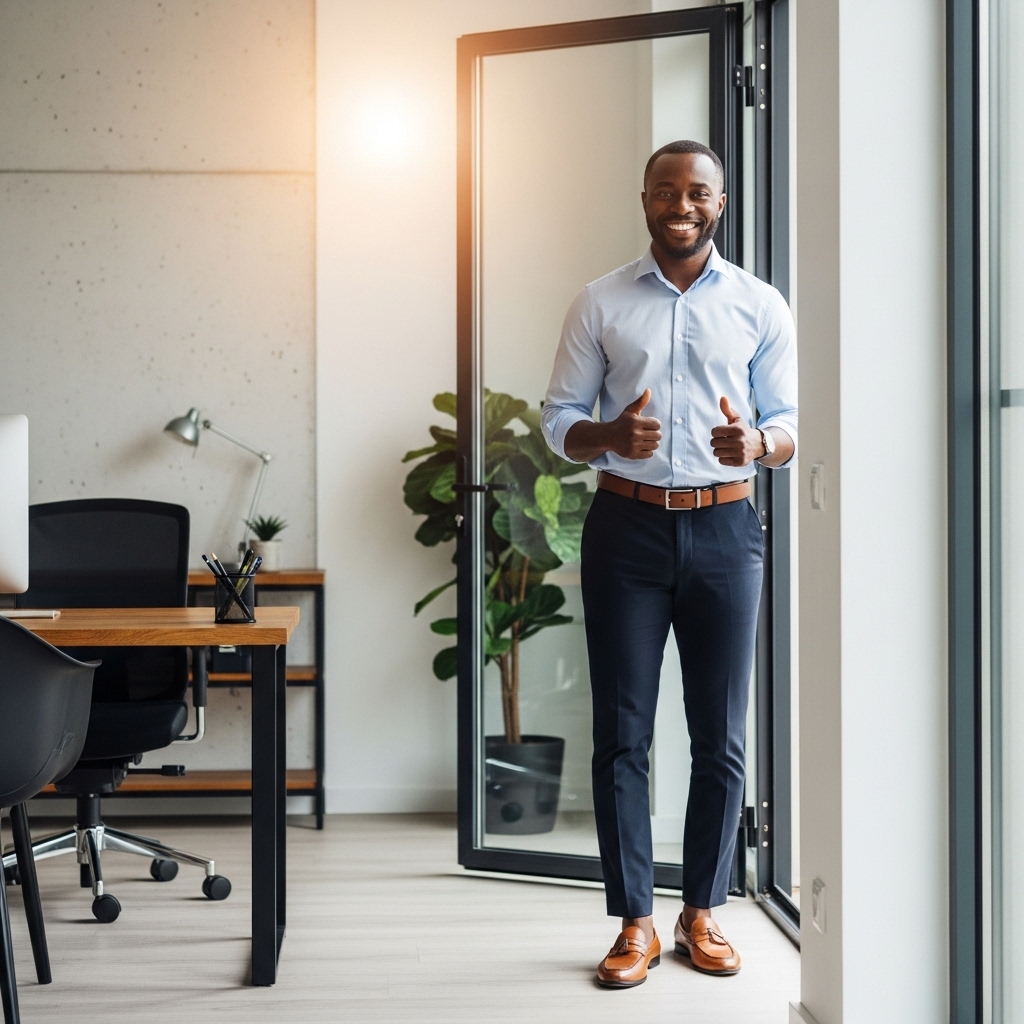 A confident African man smiling and saying yes while standing at the door to his office #3