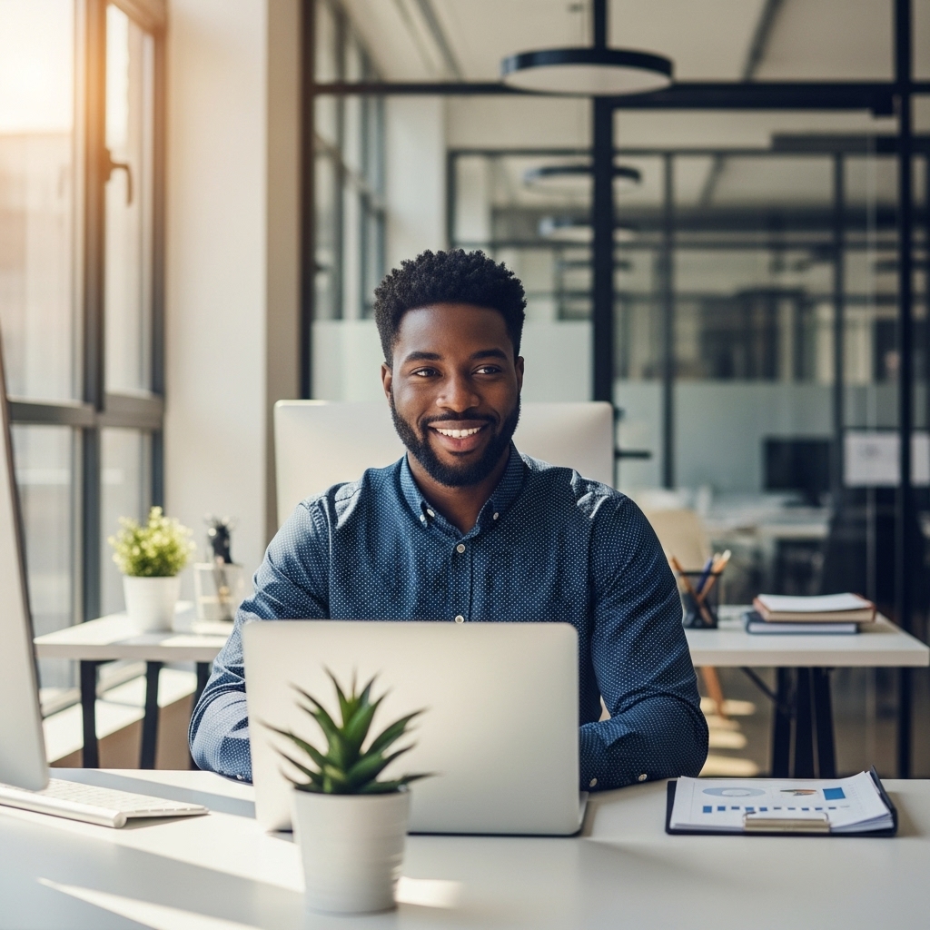 A happy young Black man working on a laptop in a modern office, smiling confidently #1