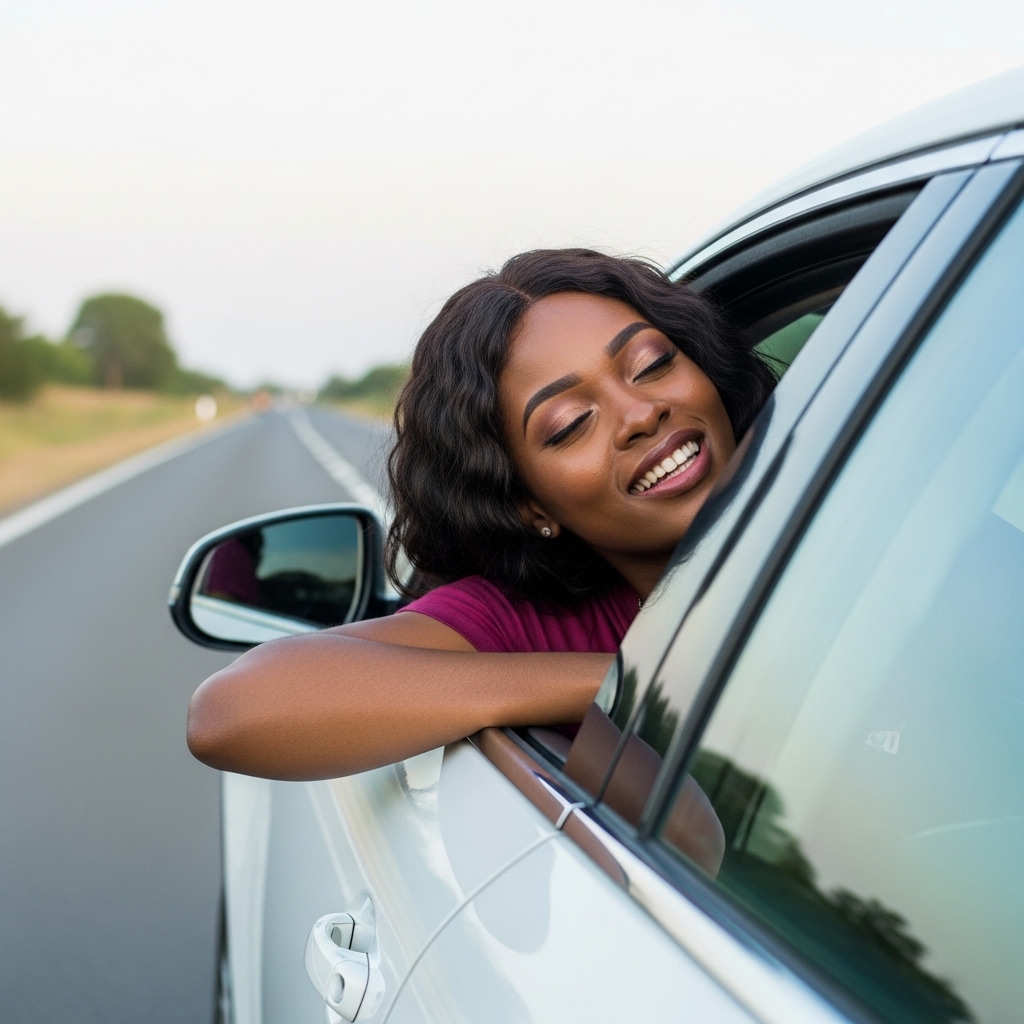 A black woman sticking her head out of the car window #1