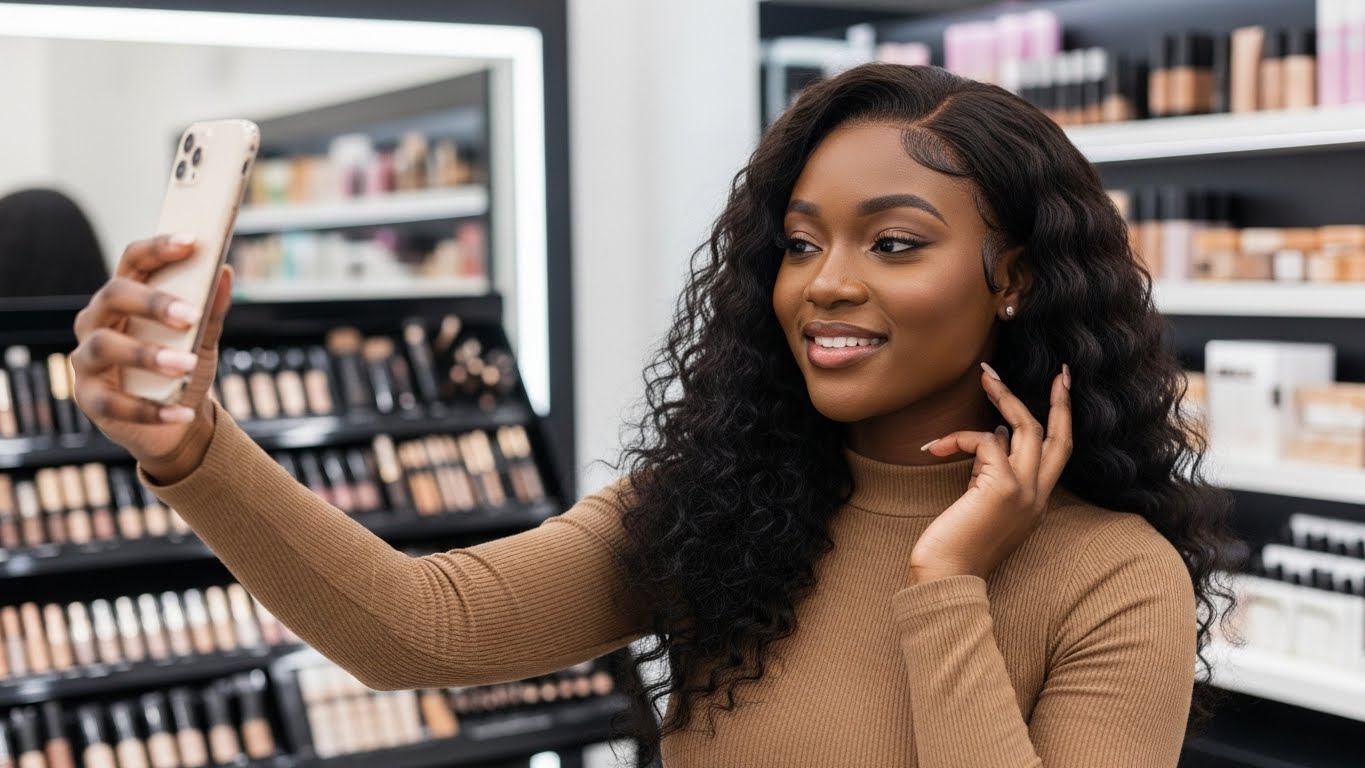 A black young lady holding a phone while standing in a make-up shop #1