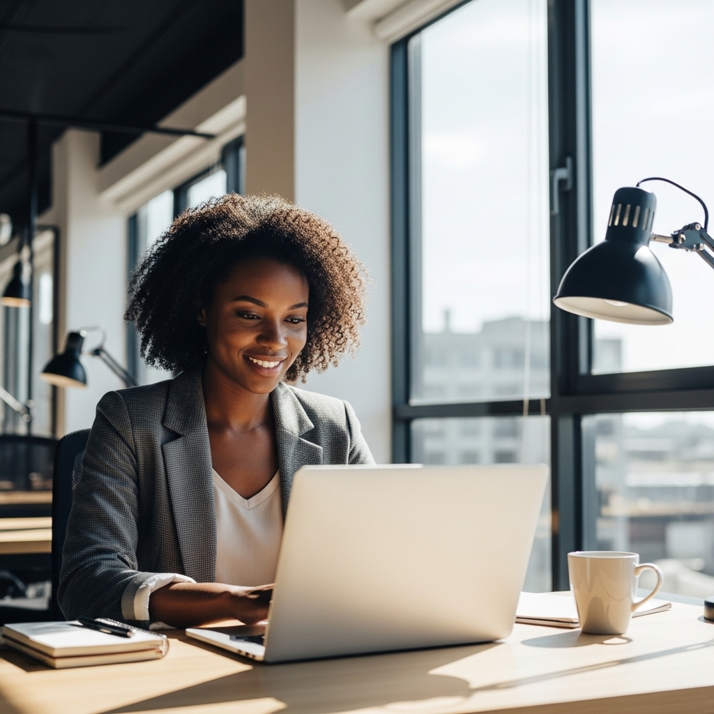 A happy young Black woman working on a laptop in a modern office, smiling confidently #3