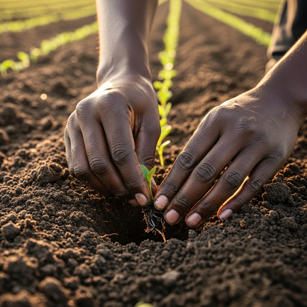 Close-up of a Black African farmer planting seedlings in rich dark soil #2