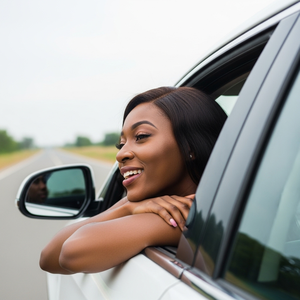 A black woman sticking her head out of the car window #3