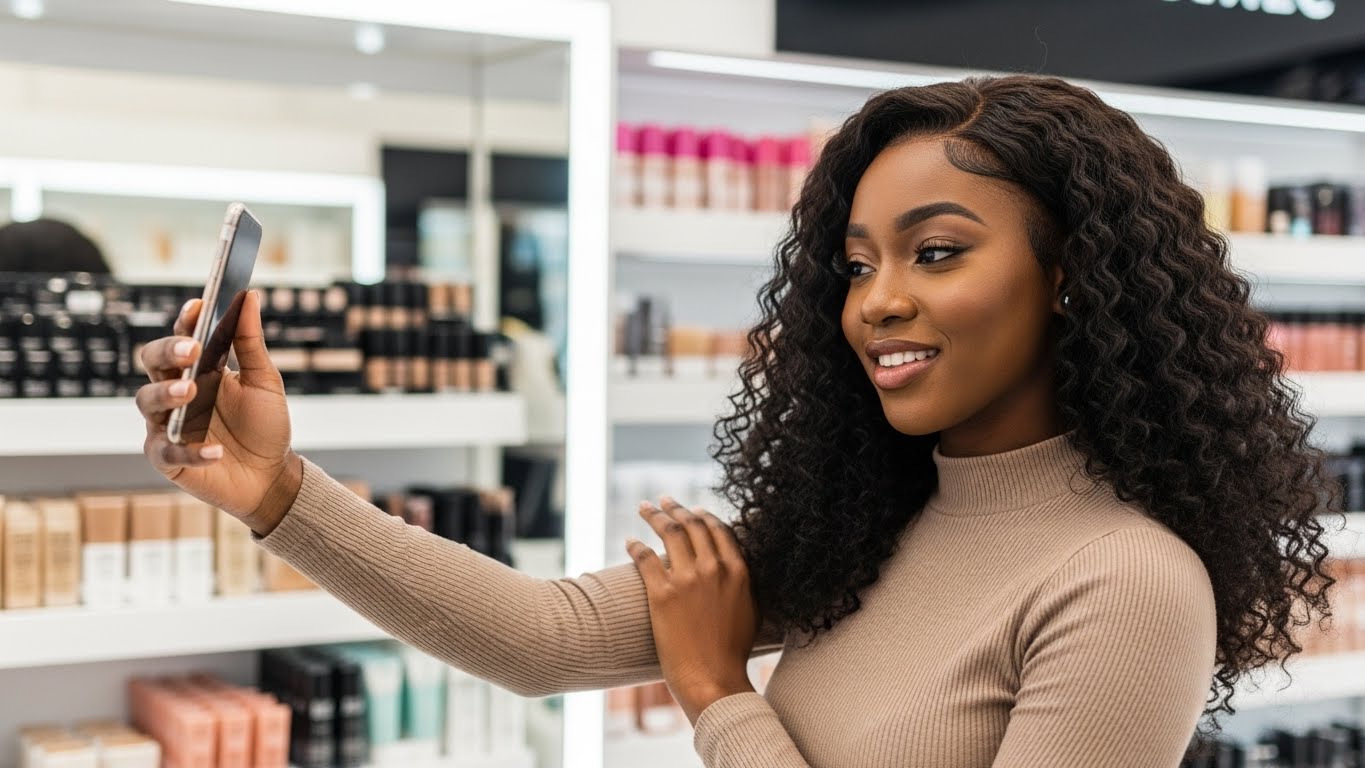 A black young lady holding a phone while standing in a make-up shop #2