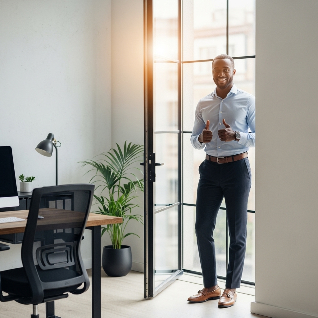 A confident African man smiling and saying yes while standing at the door to his office #1