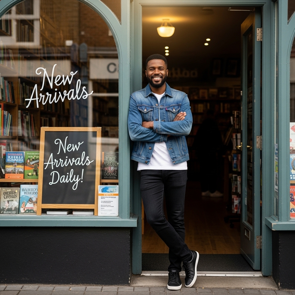A black man standing in front of his shop and smiling #2
