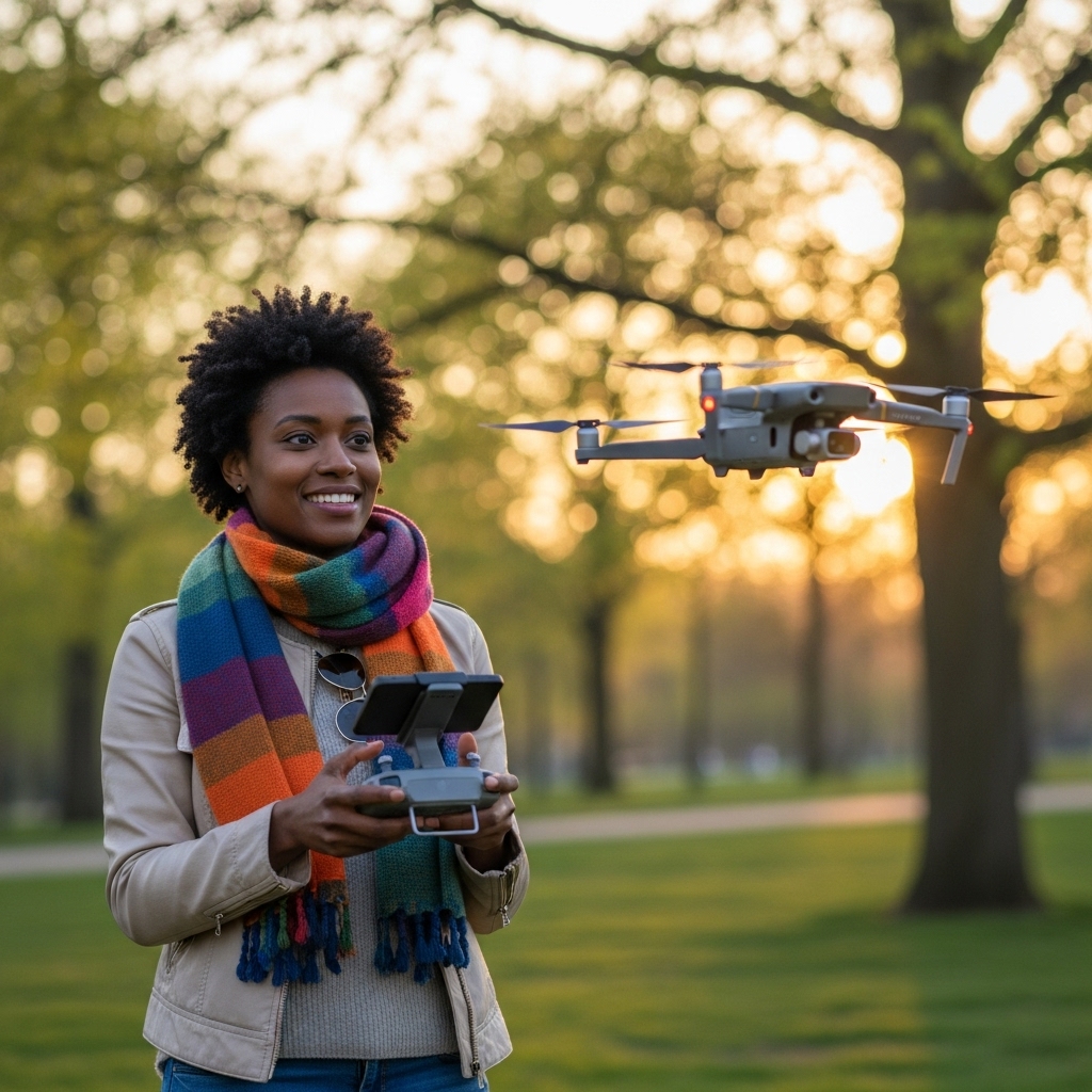 A pretty African woman flying a drone and smiling #4