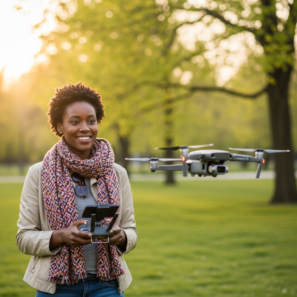 A pretty African woman flying a drone and smiling #2
