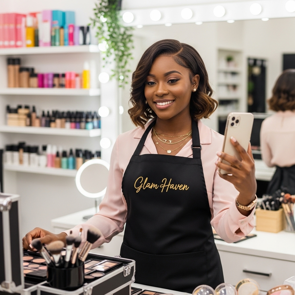 A black young lady holding a phone while standing in her make-up shop with an apron #1