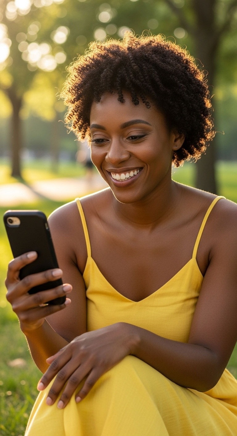 A black woman in yellow using her phone and smiling #1