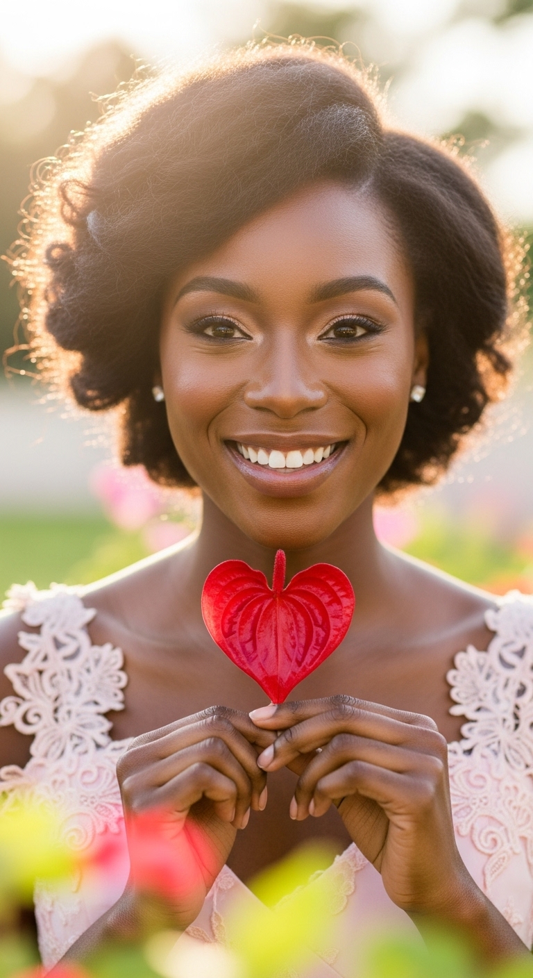 A pretty black lady holding a love-shaped flower and smiling #4