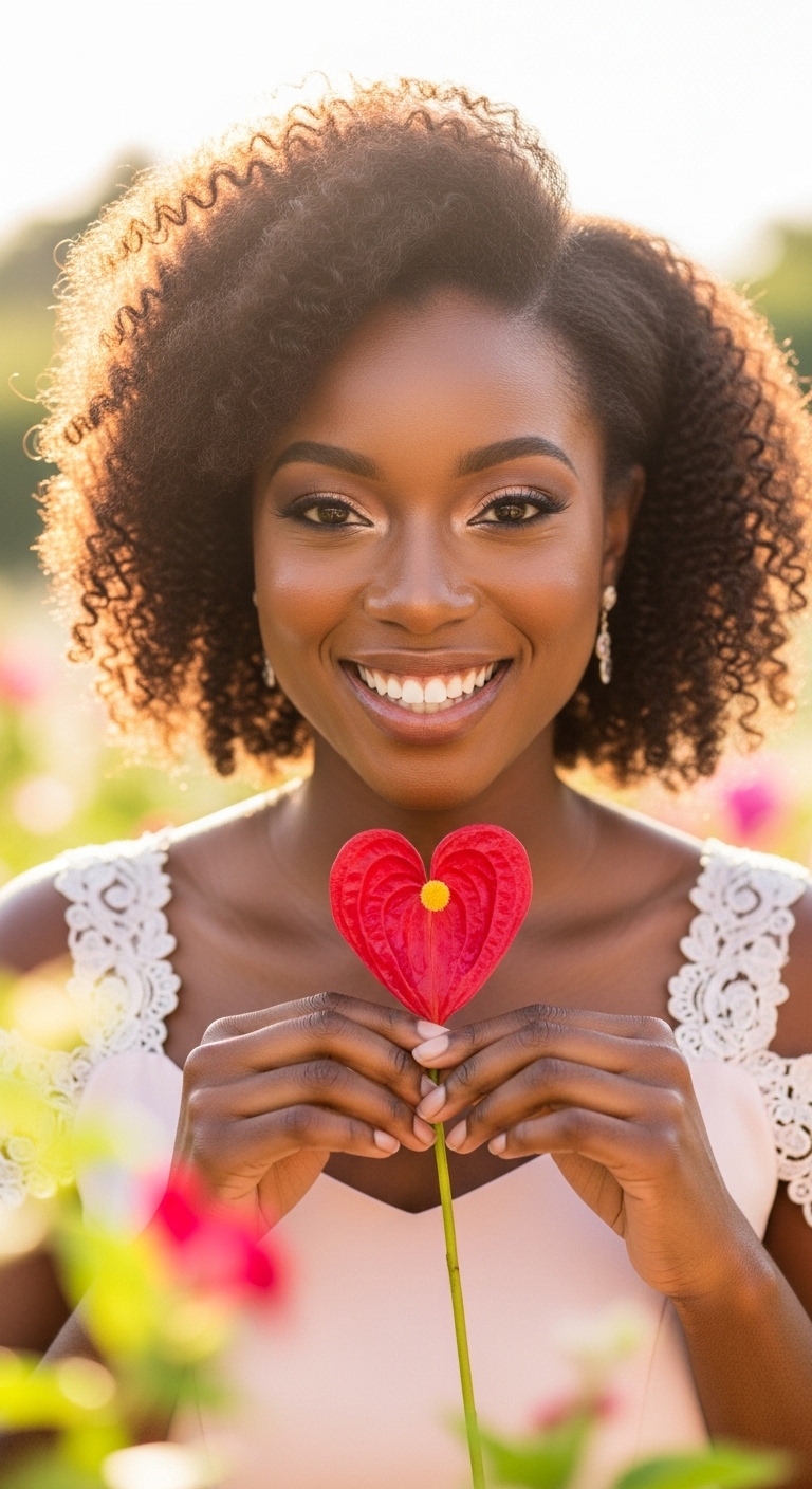 A pretty black lady holding a love-shaped flower and smiling #1
