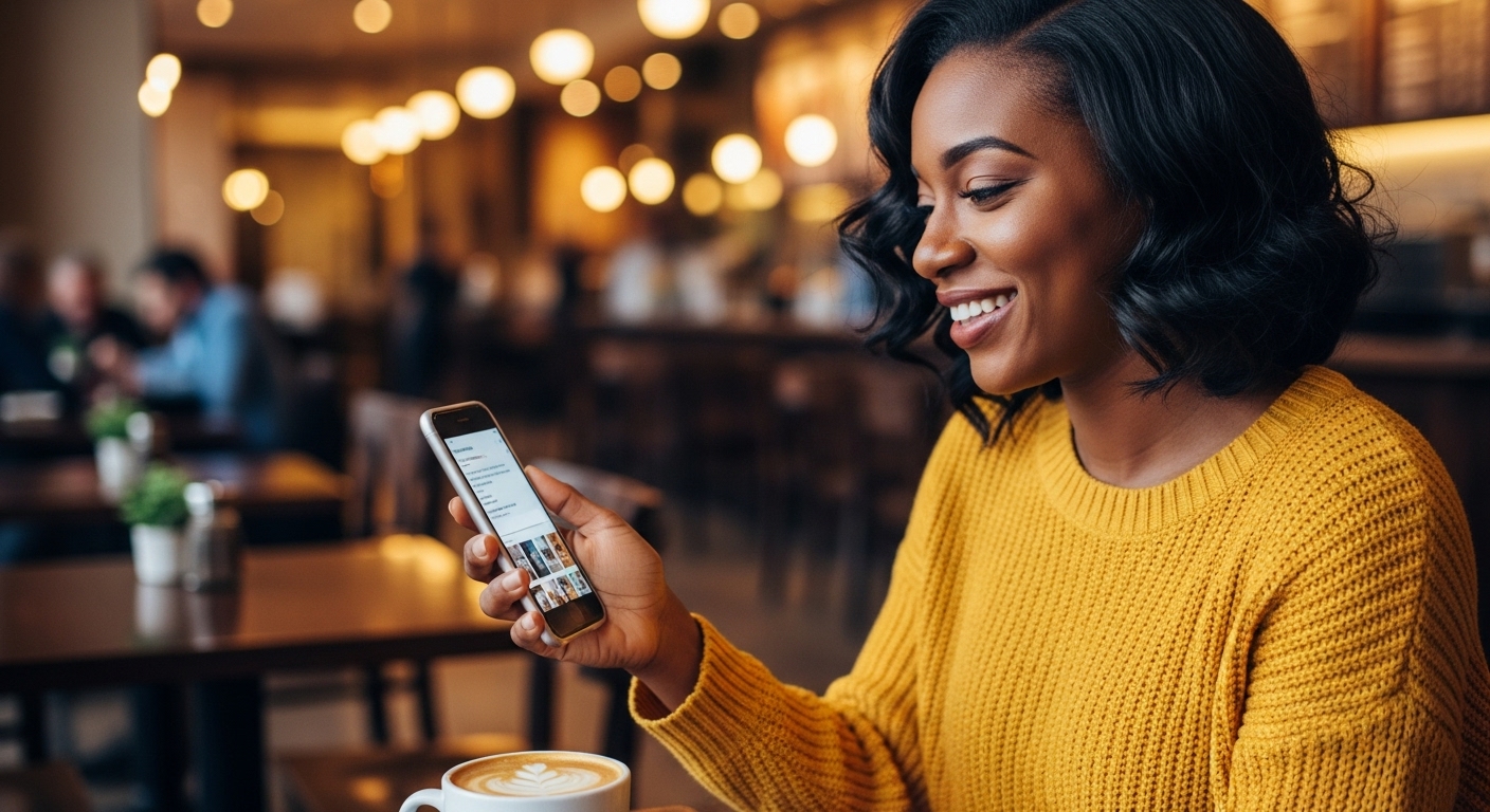 A black woman using her phone and smiling #4