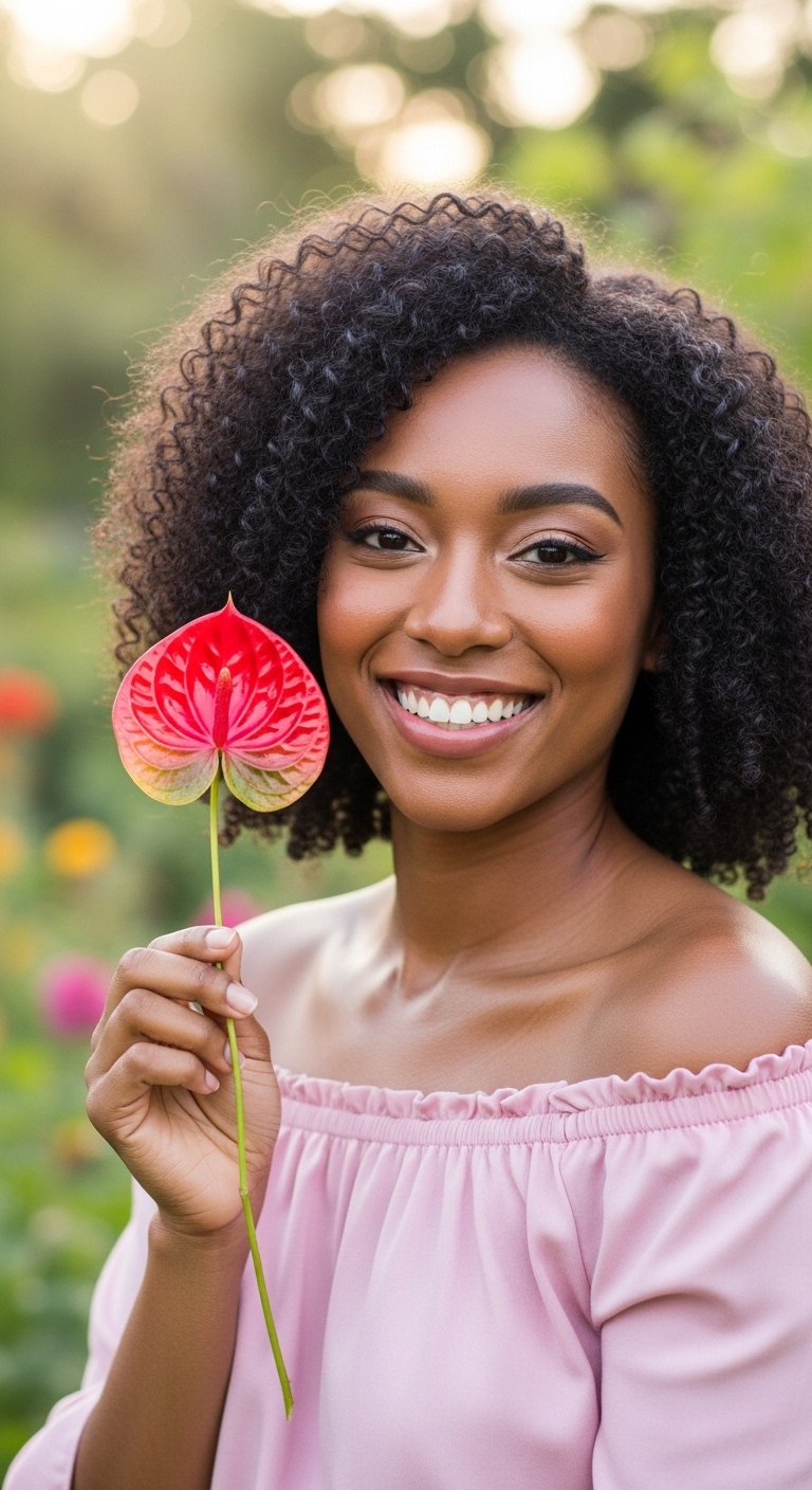 A black lady holding a love-shaped flower and smiling #3