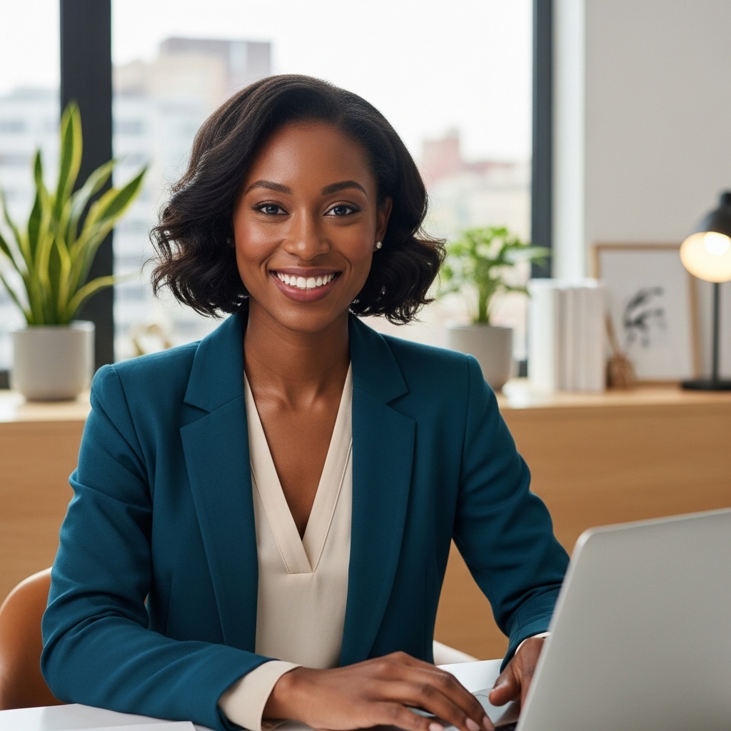 A pretty black woman smiling and sitting in an office #2