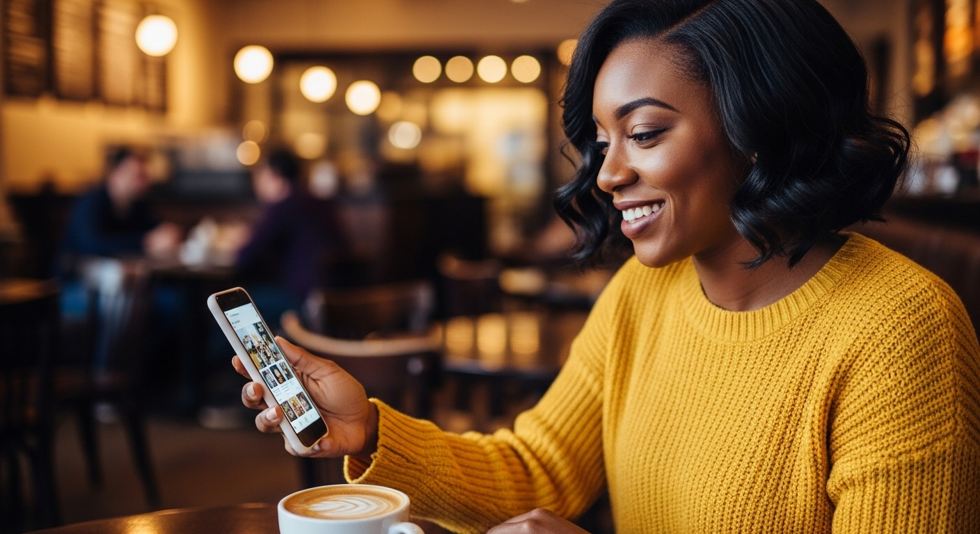 A black woman using her phone and smiling #2