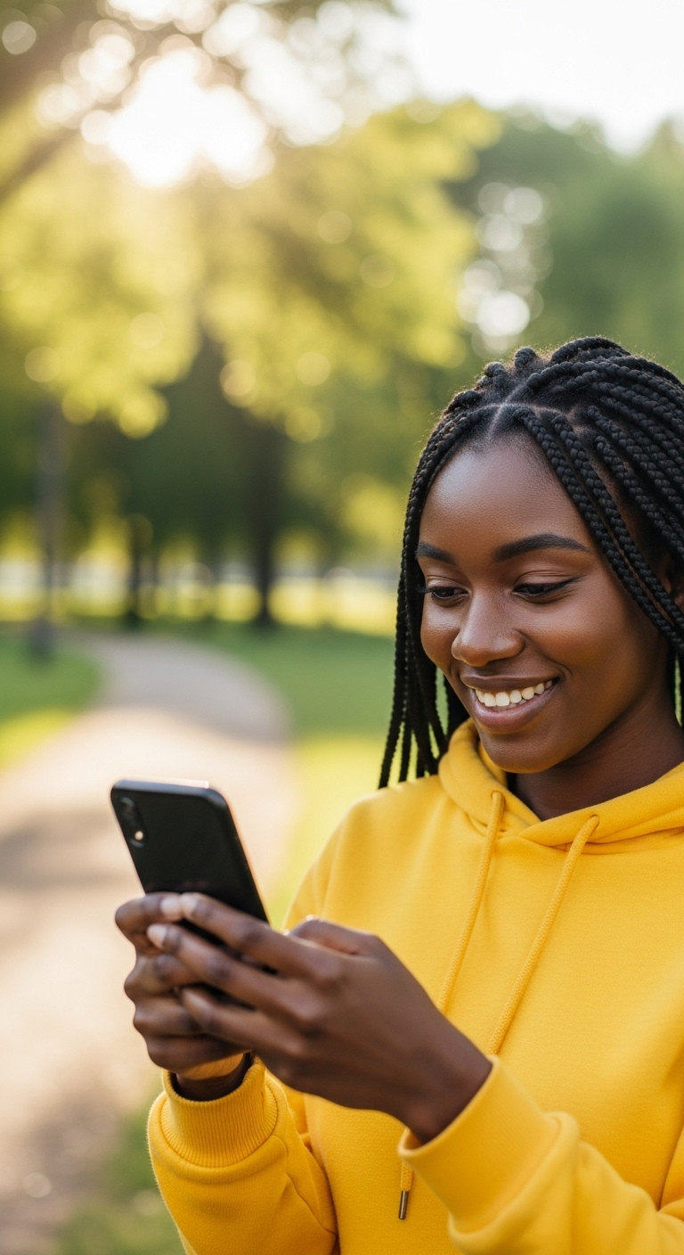 A black woman in yellow is using her phone and smiling #2