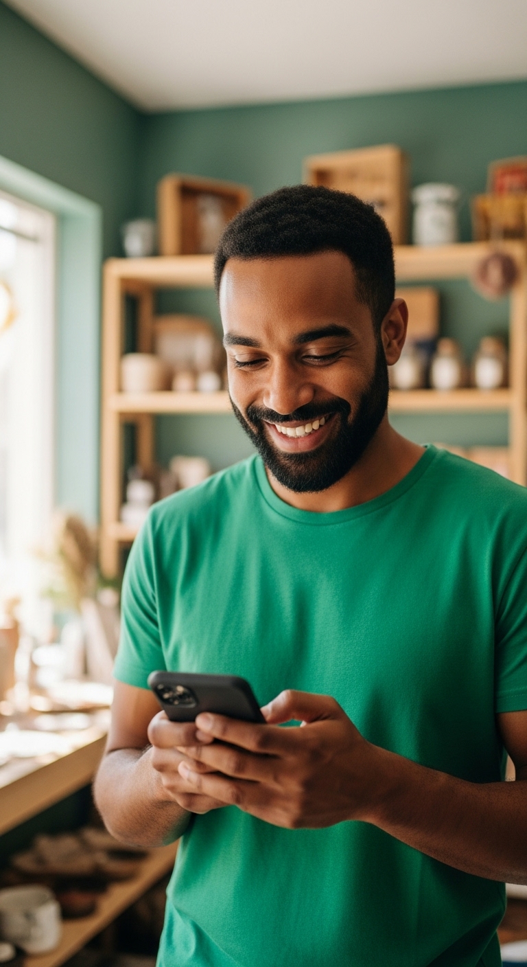 A black man in green is using his phone and smiling in his shop #3