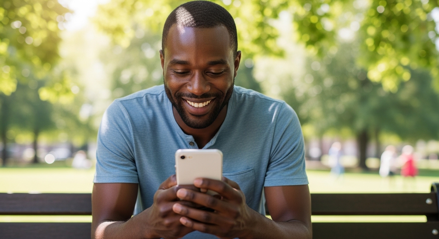 A black man using his phone and smiling #3
