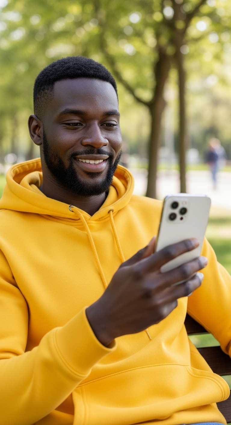 A black man in yellow is using his phone and smiling #1
