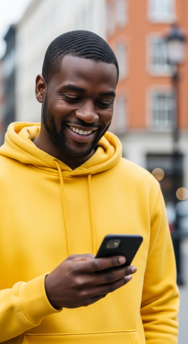 A black man in yellow is using his phone and smiling #3