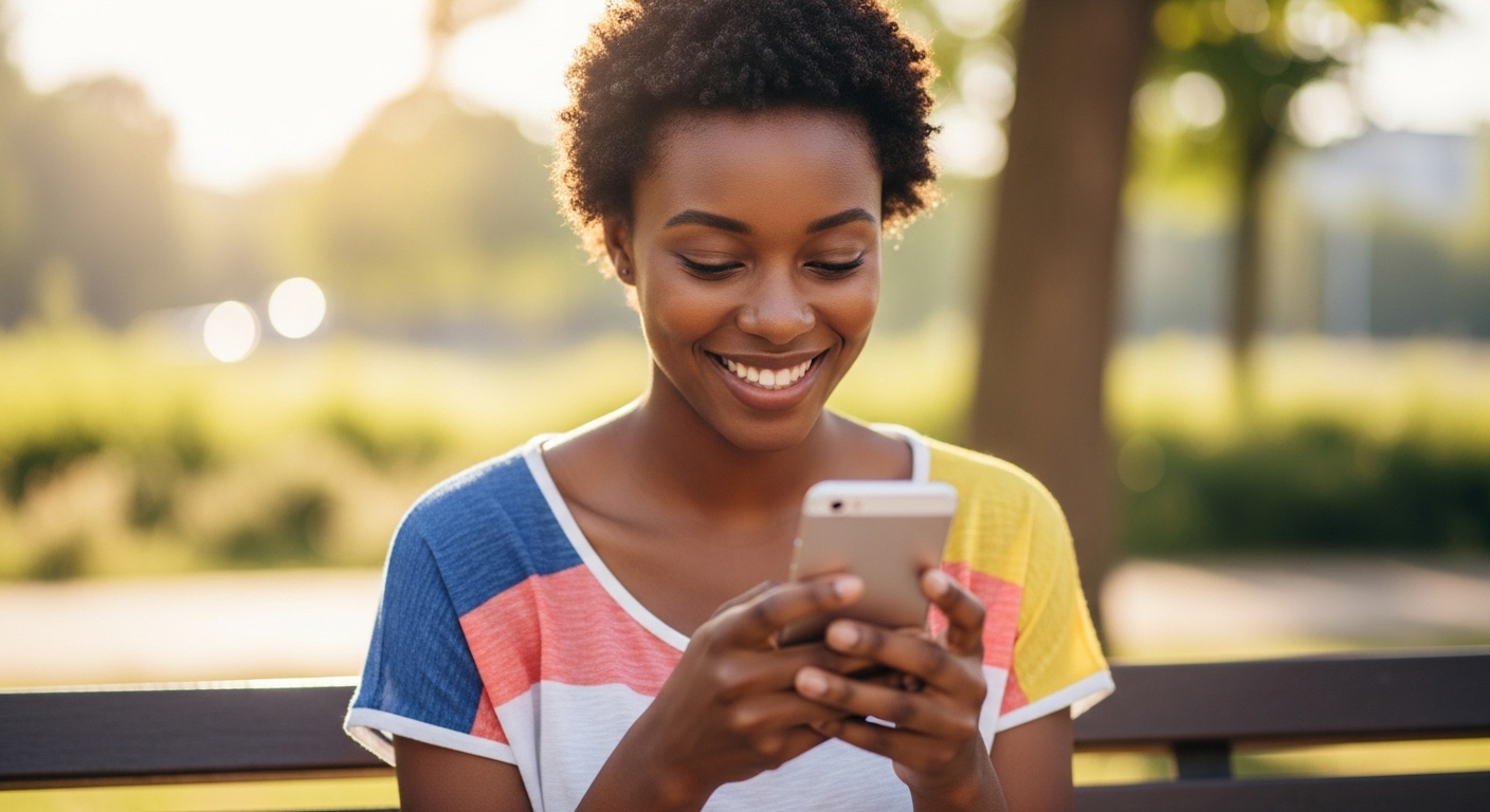 A black woman using her phone and smiling #3