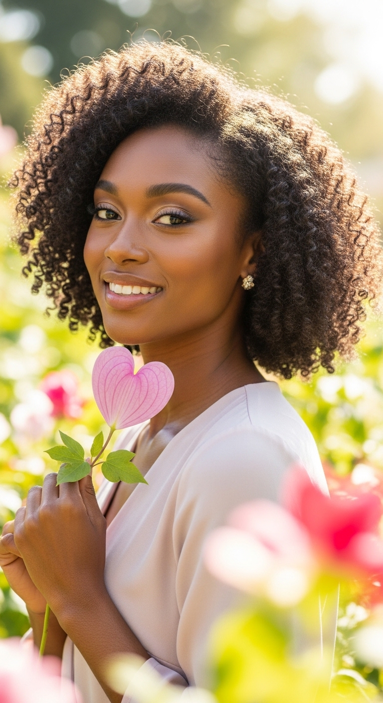 A black lady holding a love-shaped flower and smiling #2