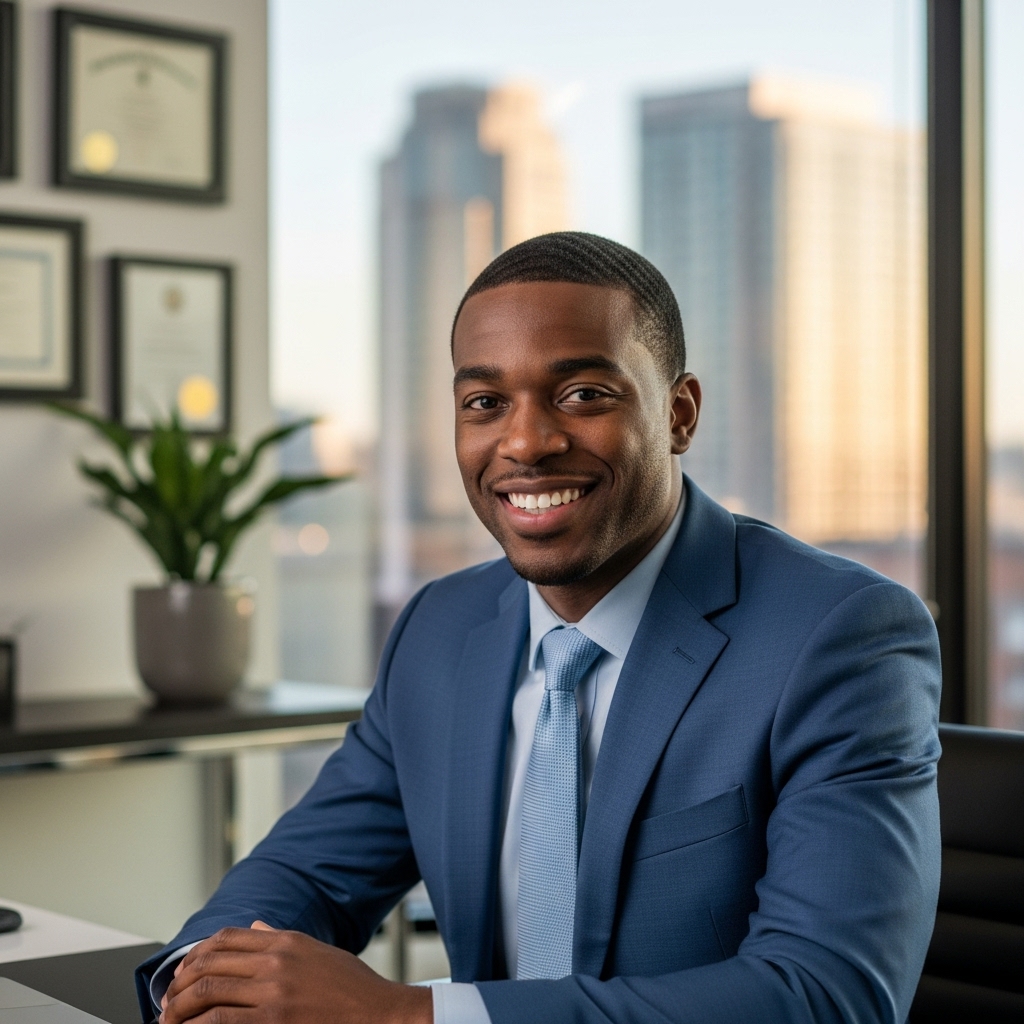 A handsome black man smiling and sitting in an office #4