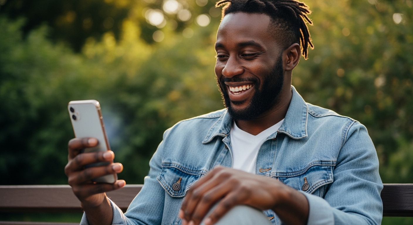 A black man using his phone and smiling #2