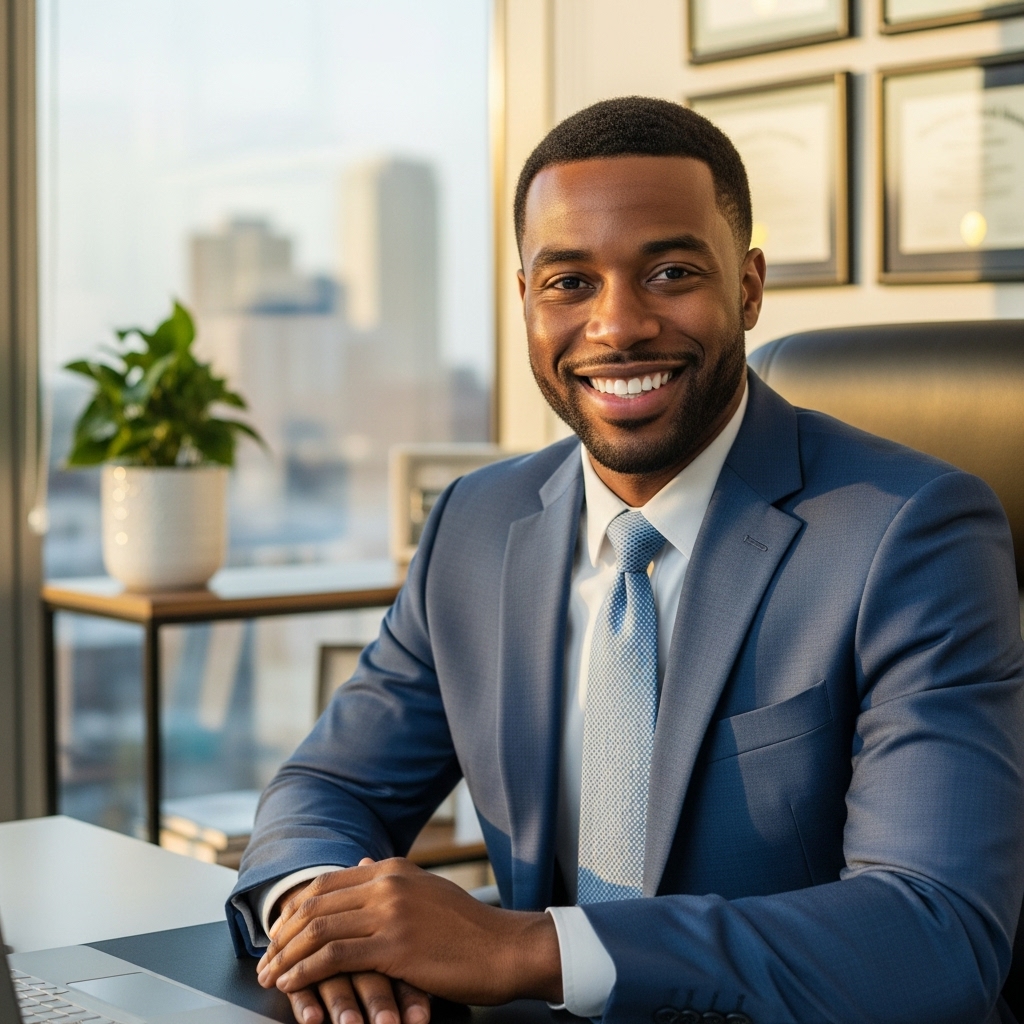 A handsome black man smiling and sitting in an office #1